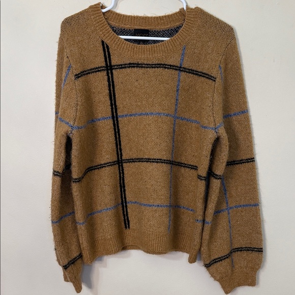 Mod Lusive Dark Tan Plaid Crew Neck Sweater with Stretch - Picture 1 of 7